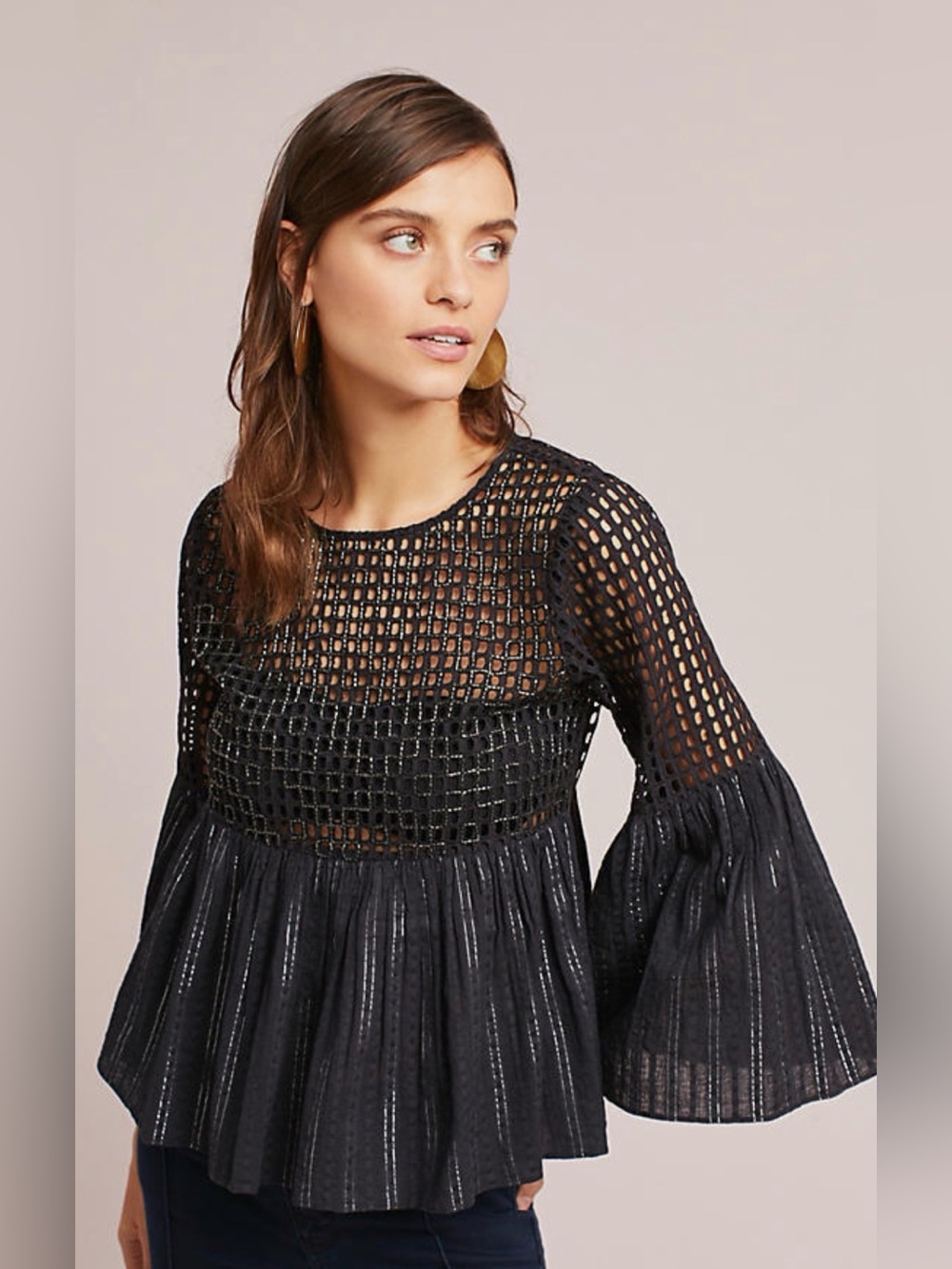Anthropologie (MAEVE) beaded luxe square-eyelet, bell sleeve top in black. 14